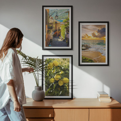 Set di 3 quadri Strade, mare, spiaggia, alberi di agrumi
