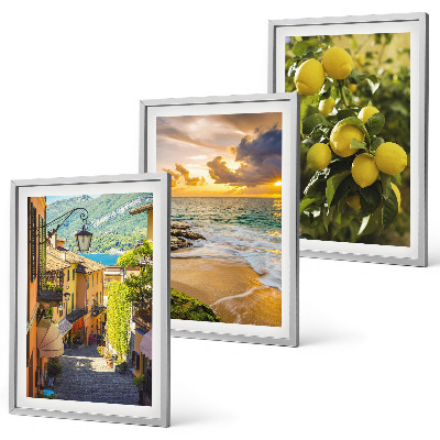 Set di 3 quadri Strade, mare, spiaggia, alberi di agrumi