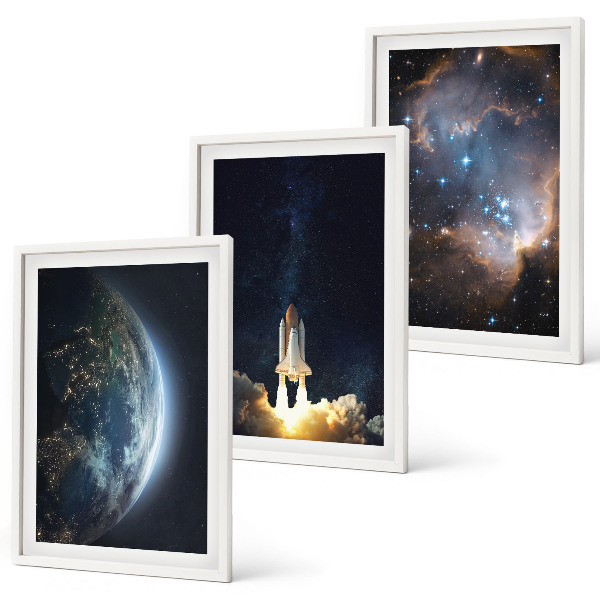 Set di 3 quadri Spazio Terra razzo galassia
