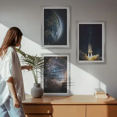 Set di 3 quadri con stampa a tema spazio terra razzo e galassia