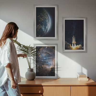 Set di 3 quadri Spazio Terra razzo galassia