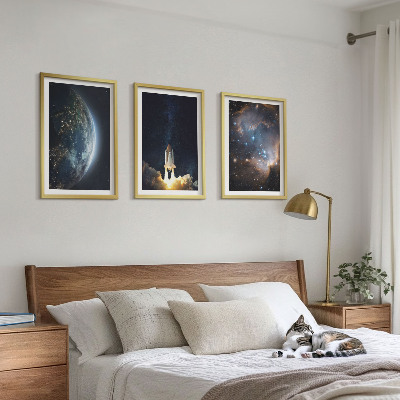 Set di 3 quadri Spazio Terra razzo galassia