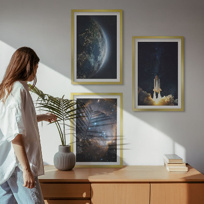 Set di 3 quadri Spazio Terra razzo galassia