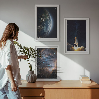Set di 3 quadri Spazio Terra razzo galassia