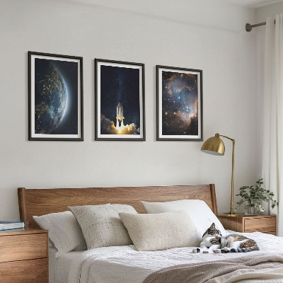 Set di 3 quadri Spazio Terra razzo galassia