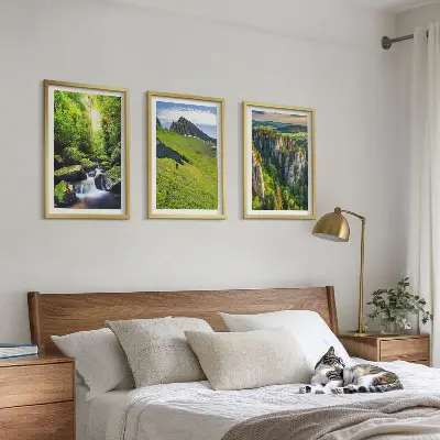Composizione di quadri con paesaggio di montagne verdi, cascata e foresta
