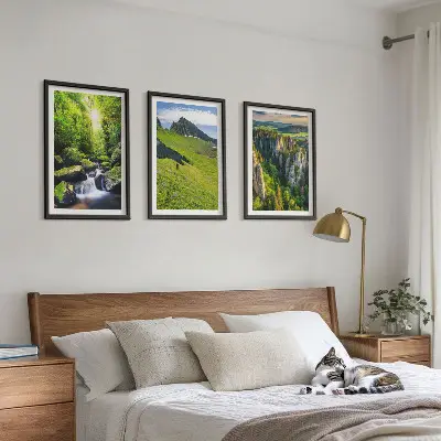 Composizione di quadri con paesaggio di montagne verdi, cascata e foresta