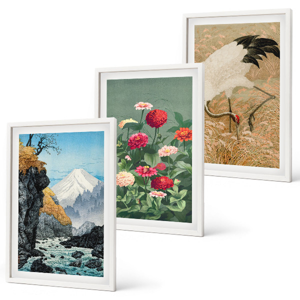 Composizione di quadri Montagne paesaggio fiume fiori gru