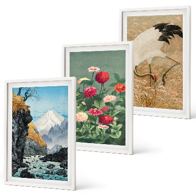 Composizione di quadri Montagne paesaggio fiume fiori gru