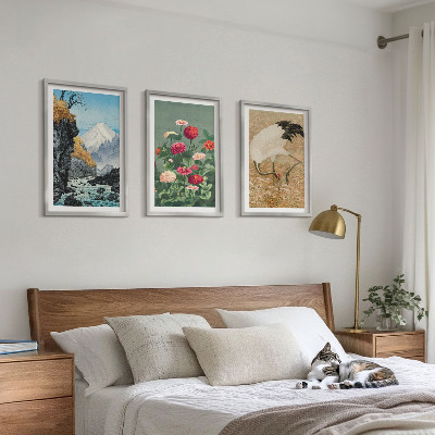 Composizione di quadri Montagne paesaggio fiume fiori gru