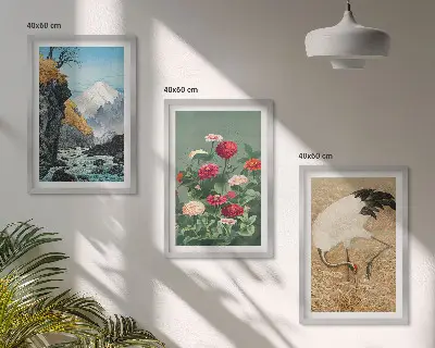 Composizione di quadri con paesaggio di montagne, fiume, fiori e gru