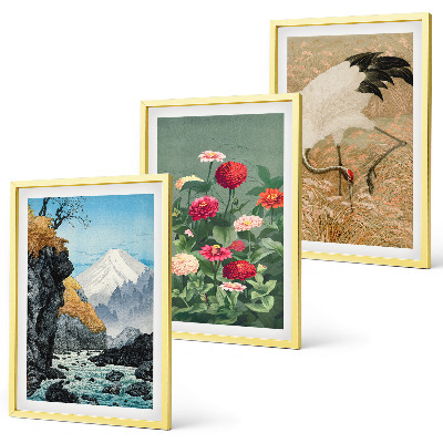 Composizione di quadri Montagne paesaggio fiume fiori gru