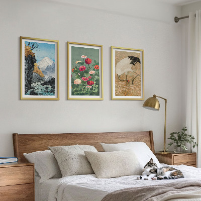 Composizione di quadri Montagne paesaggio fiume fiori gru