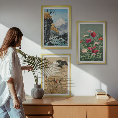Composizione di quadri Montagne paesaggio fiume fiori gru