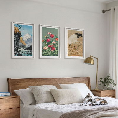 Composizione di quadri Montagne paesaggio fiume fiori gru