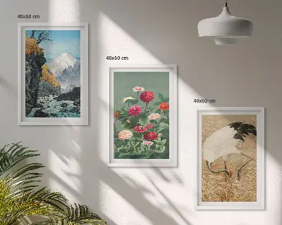 Composizione di quadri con paesaggio di montagne, fiume, fiori e gru