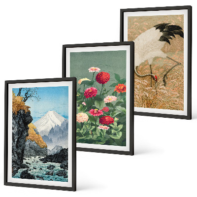 Composizione di quadri Montagne paesaggio fiume fiori gru