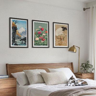 Composizione di quadri Montagne paesaggio fiume fiori gru