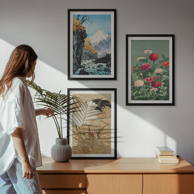 Composizione di quadri Montagne paesaggio fiume fiori gru