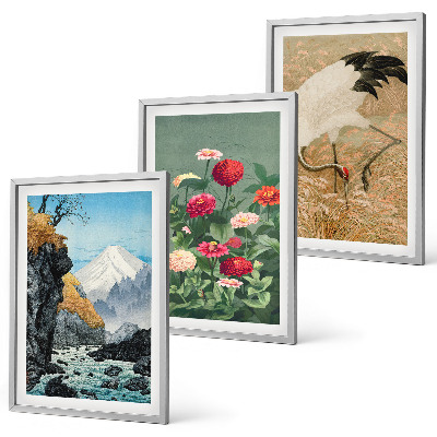 Composizione di quadri Montagne paesaggio fiume fiori gru