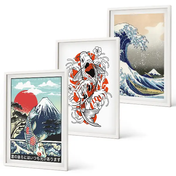 Set di 3 quadri con stampa della Grande onda di Kanagawa in stile giapponese