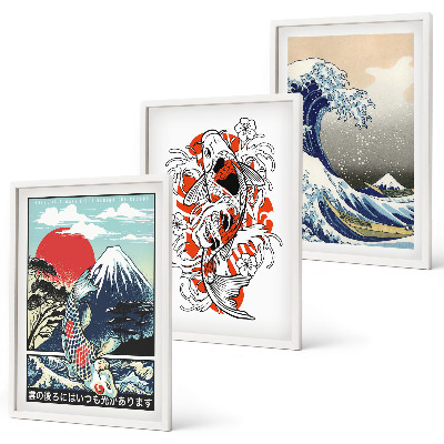 Set di 3 quadri Montagne di pesci Grande Onda Giappone
