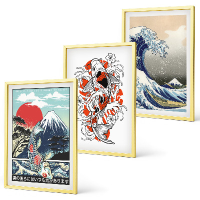 Set di 3 quadri Montagne di pesci Grande Onda Giappone