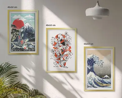Set di 3 quadri con stampa della Grande onda di Kanagawa in stile giapponese