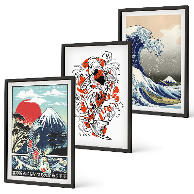 Set di 3 quadri Montagne di pesci Grande Onda Giappone