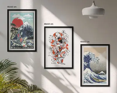 Set di 3 quadri con stampa della Grande onda di Kanagawa in stile giapponese