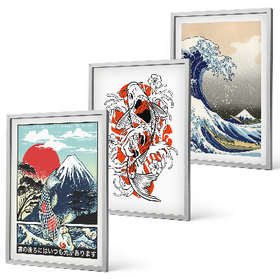 Set di 3 quadri Montagne di pesci Grande Onda Giappone