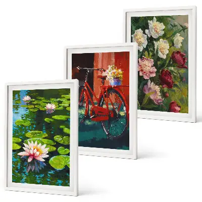 Set di 3 quadri raffiguranti gigli in un giardino con fiori colorati