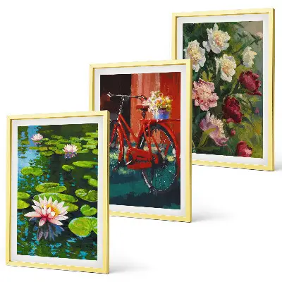 Set di 3 quadri raffiguranti gigli in un giardino con fiori colorati