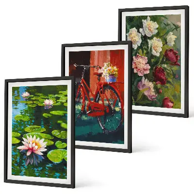 Set di 3 quadri raffiguranti gigli in un giardino con fiori colorati