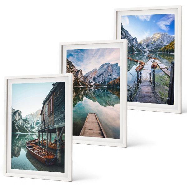 Set di 3 quadri Lago montagne barche di legno