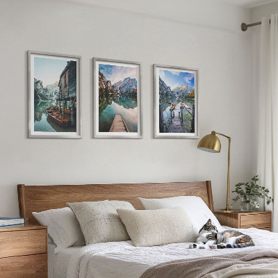 Set di 3 quadri Lago montagne barche di legno