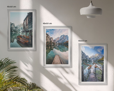 Set di 3 quadri Lago montagne barche di legno