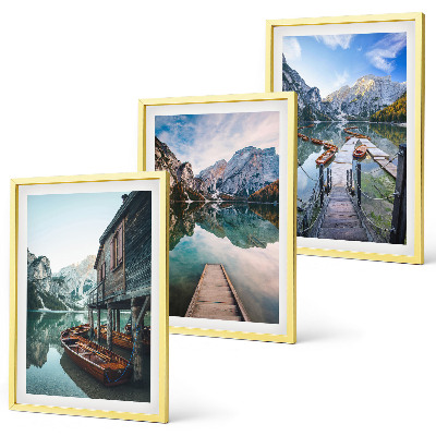 Set di 3 quadri Lago montagne barche di legno
