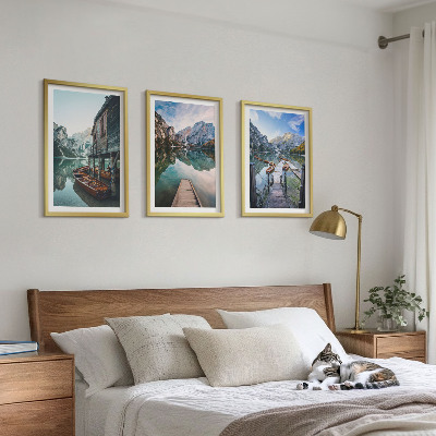 Set di 3 quadri Lago montagne barche di legno