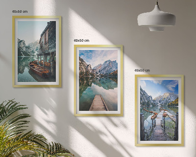Set di 3 quadri Lago montagne barche di legno