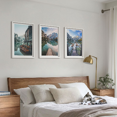 Set di 3 quadri Lago montagne barche di legno