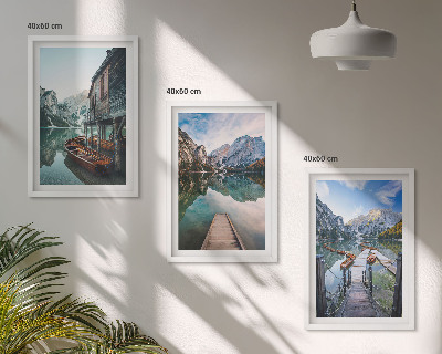 Set di 3 quadri Lago montagne barche di legno
