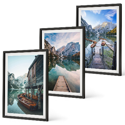 Set di 3 quadri Lago montagne barche di legno