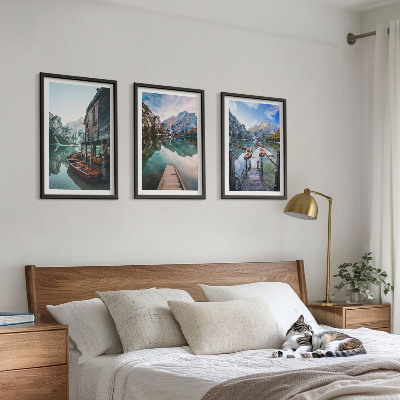 Set di 3 quadri Lago montagne barche di legno