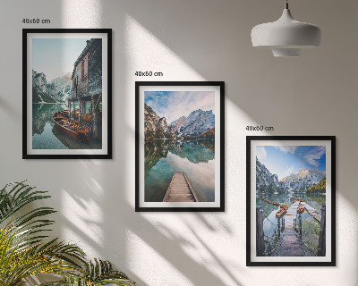 Set di 3 quadri Lago montagne barche di legno