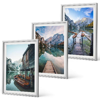 Set di 3 quadri Lago montagne barche di legno