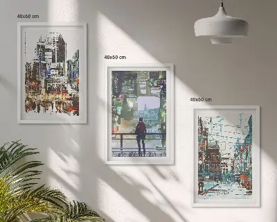 Composizione di quadri città moderne con personaggi colorati
