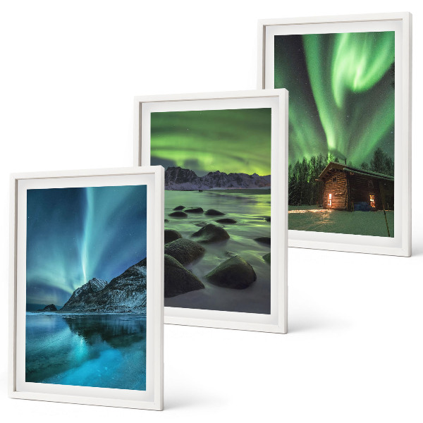Set di 3 quadri Paesaggi invernali, aurora boreale, montagne
