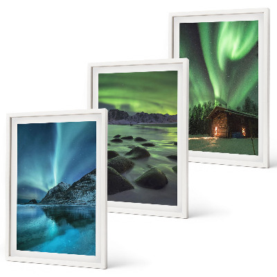 Set di 3 quadri Paesaggi invernali, aurora boreale, montagne