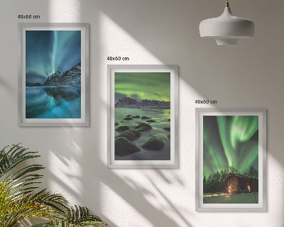 Set di 3 quadri Paesaggi invernali, aurora boreale, montagne